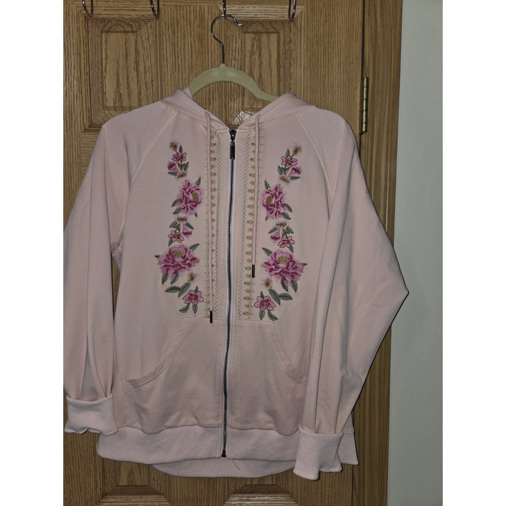 Floriana Hoodie Floral Embroidered Zip Up Hoodie Sweater Size M Medium Cottage